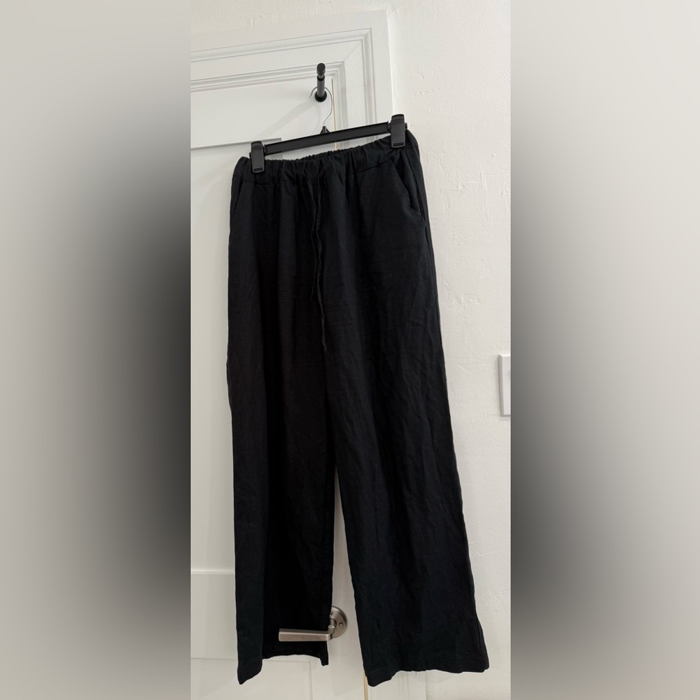 Forever 21 black linen blend wide leg drawstring pants (fair) (Read)